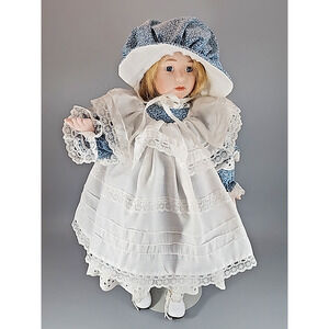Seymour Mann Doll 1987 Blond Hair w/Blue Bress and Cap - 16" w/Stand
